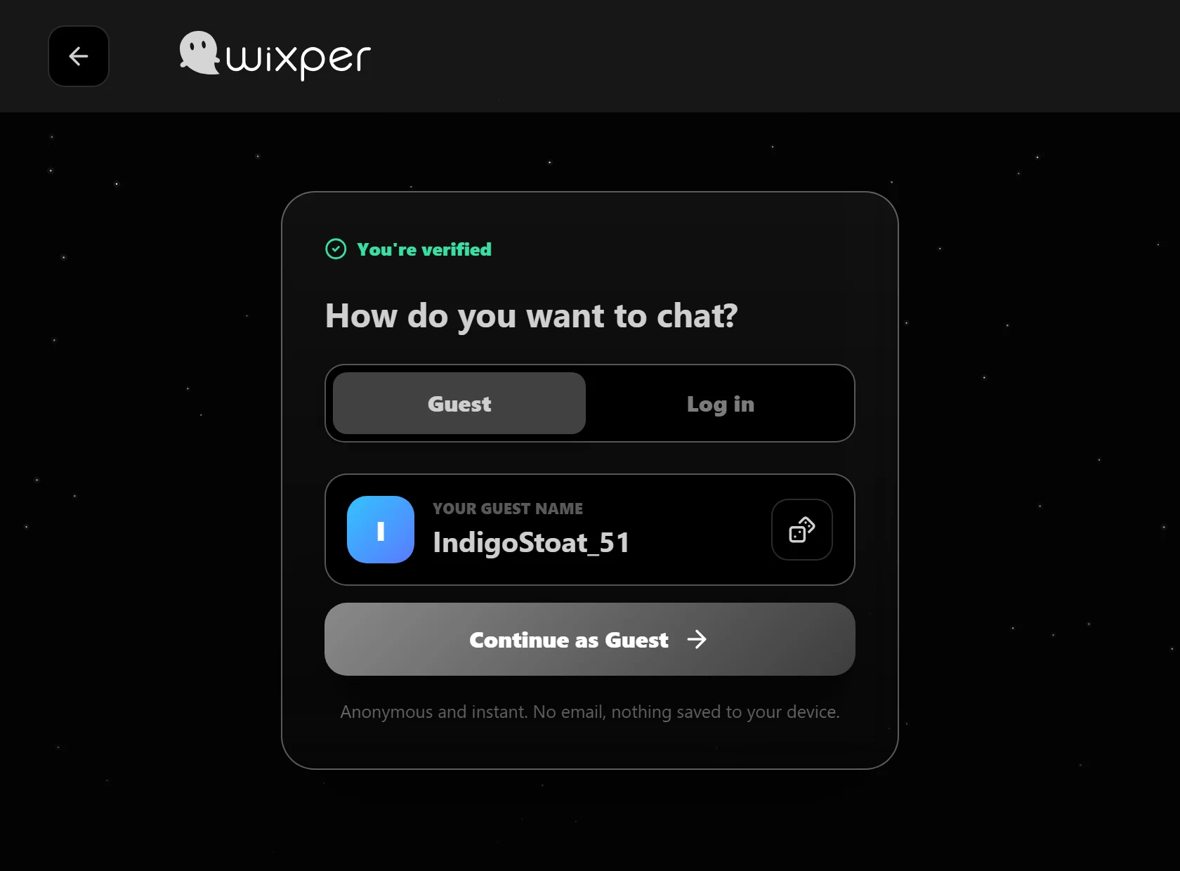 Generated guest identity in Wixper random chat