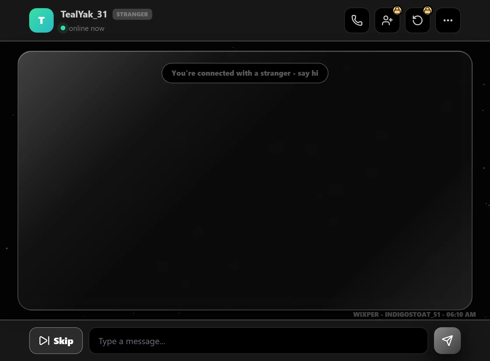 Wixper text chat with the Skip control and message box